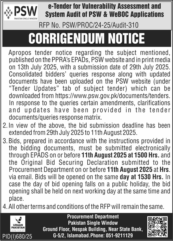 Pakistan Single Window Islamabad Tender Notice